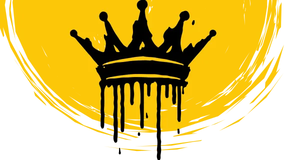 An image of a black crown against a large yellow sun.