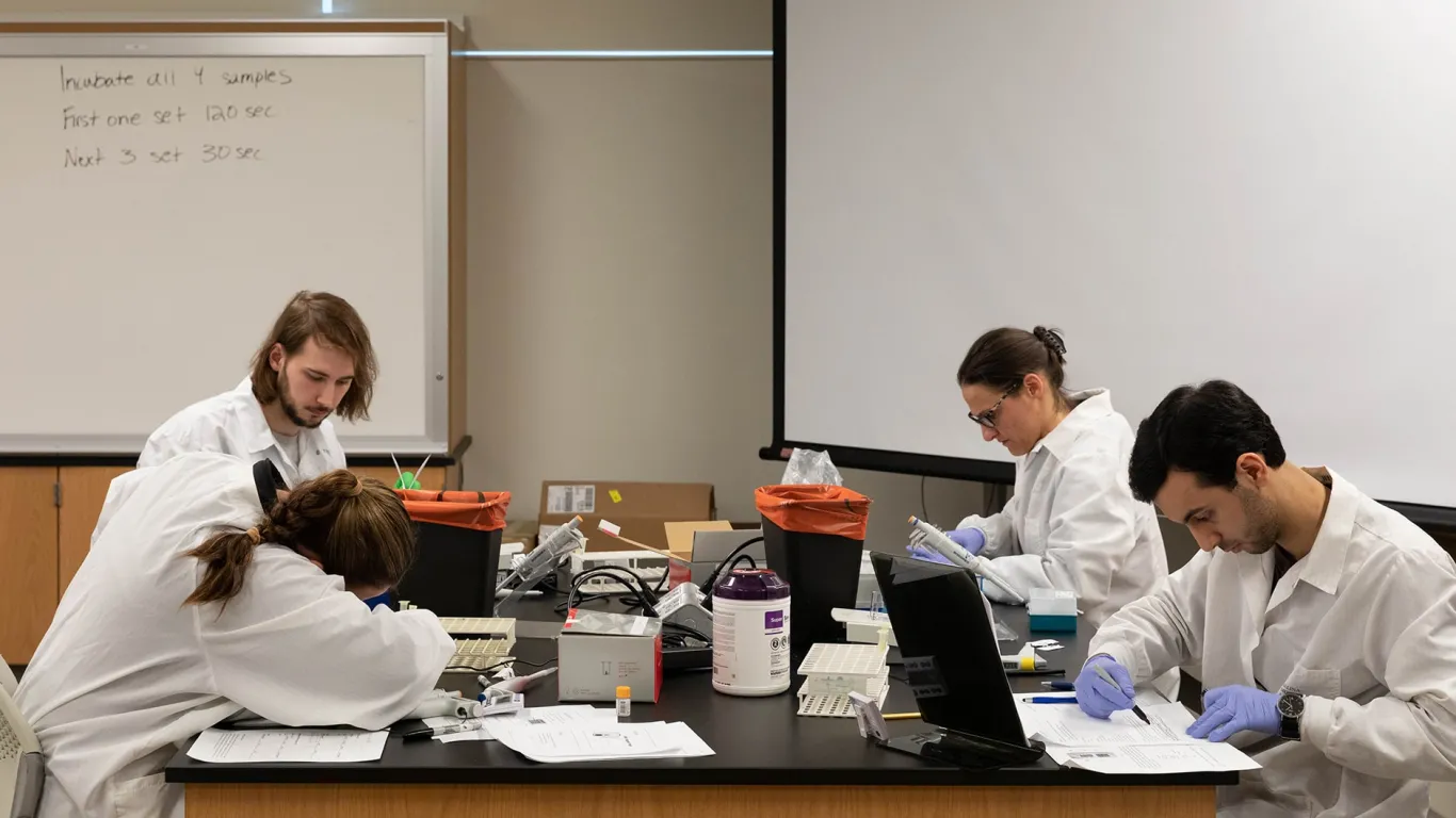 four students working at a table in the medical lab technology lab