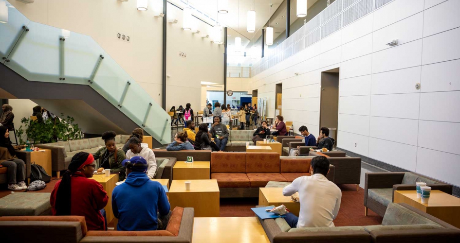 large group of student in indoor lounge area