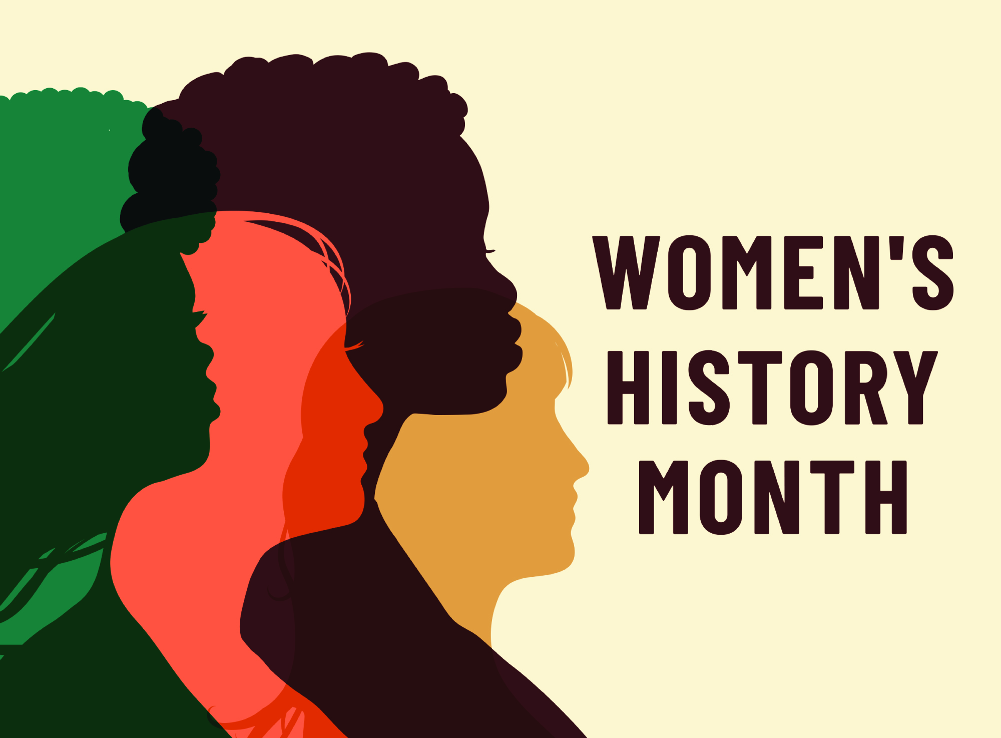 the words women's history month with the silhouettes of four women