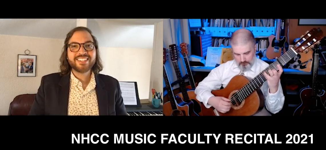 2 NHCC faculty members, one smiling at the camera, the other playing a guitar