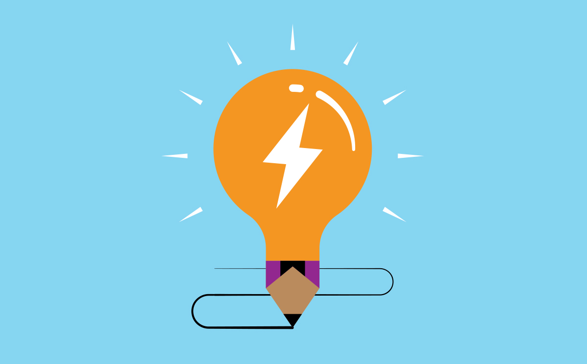 a light bulb with a lightening bolt in it and a pencil