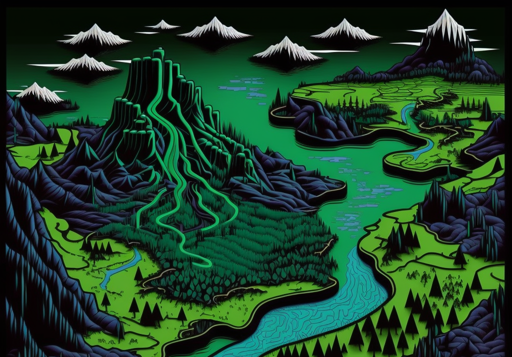 green graphic of mountains clouds and a river 