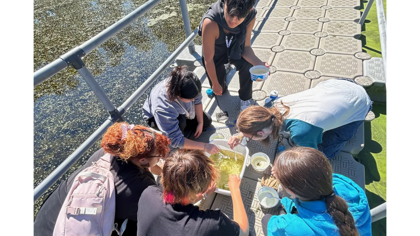 students testing water on dock 