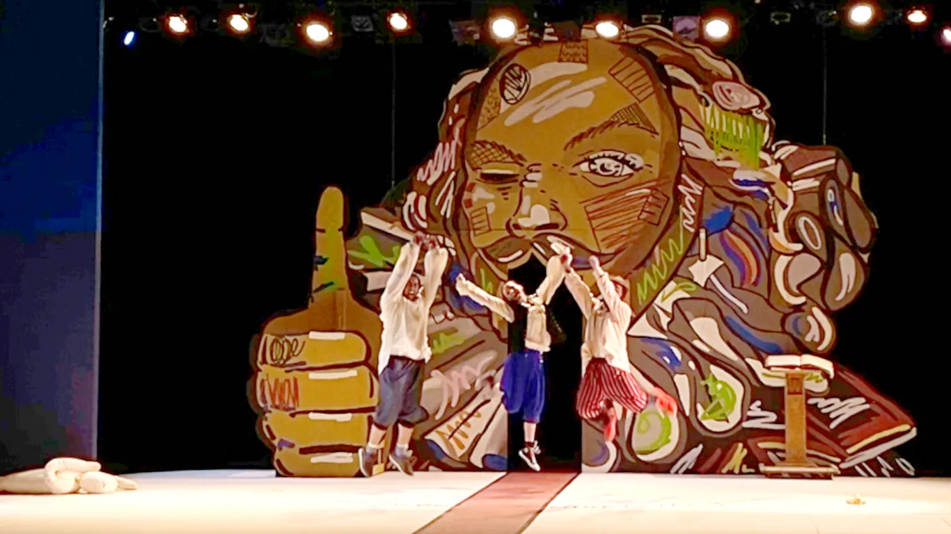 Actors performing on stage in the play “The Complete Works of William Shakespeare (abridged) [revised] [again]”