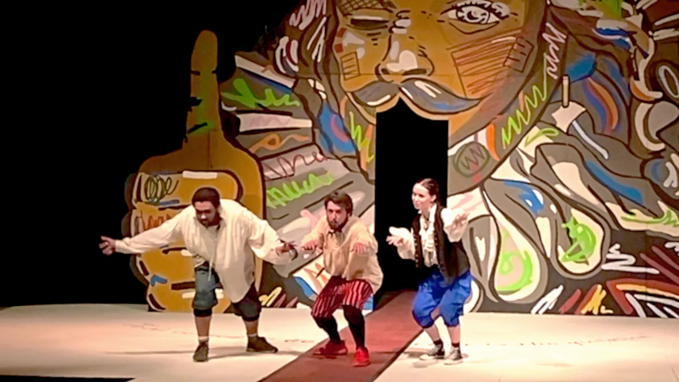 Actors performing on stage in the play “The Complete Works of William Shakespeare (abridged) [revised] [again]”