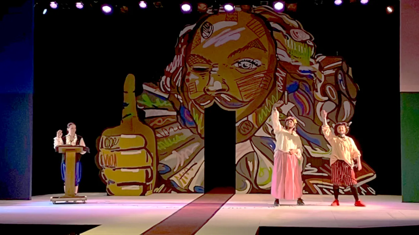 Actors performing on stage in the play “The Complete Works of William Shakespeare (abridged) [revised] [again]”