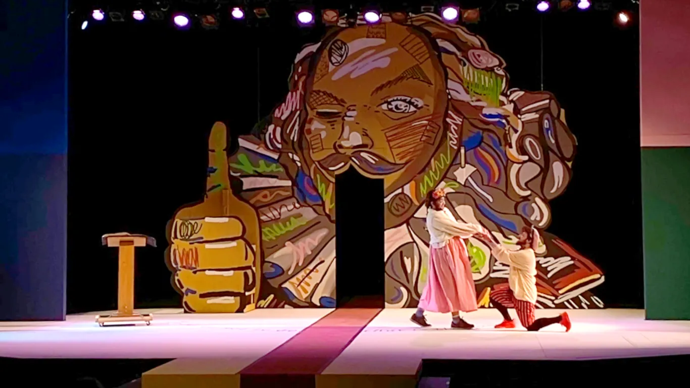 Actors performing on stage in the play “The Complete Works of William Shakespeare (abridged) [revised] [again]”