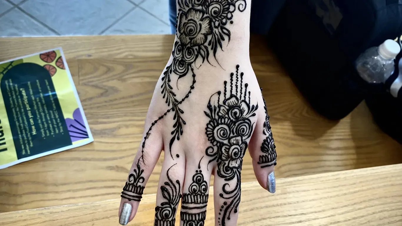 hand with decorative designs using henna