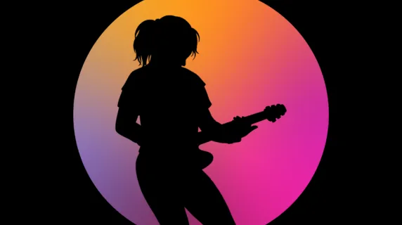 An image of a woman in silhouette playing electric guitar against a colorful background.