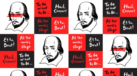 An image of William Shakespeare in black, white, and red with lines from his most famous plays as text