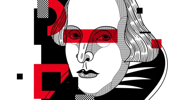 An illustration of W. Shakespeare's head in black and white with red block of color around his head.