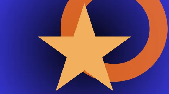 An orange star icon against an orange circle and atop a blue and black rectangle.