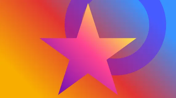 A purple star in front of a colorful square background and a purple circle.