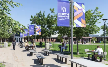 students on campus on a sunny day