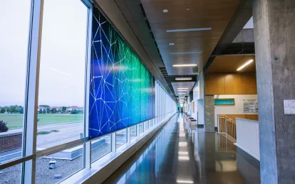 long hallway with big images