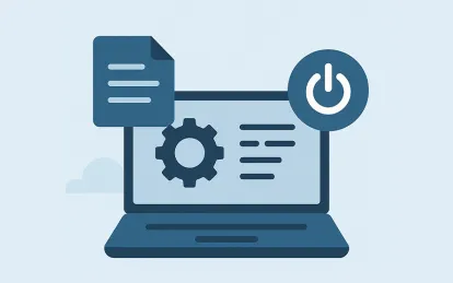 graphic of a laptop, a power button, and document 