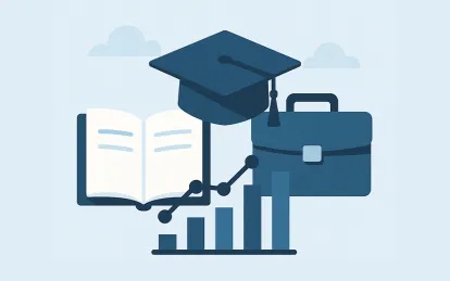 graphic with a grad cap, book and bar chart