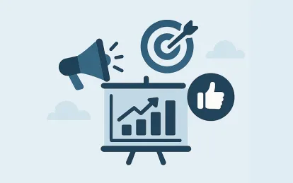 graphic with a bar chart, thumbs up, and bullseye 