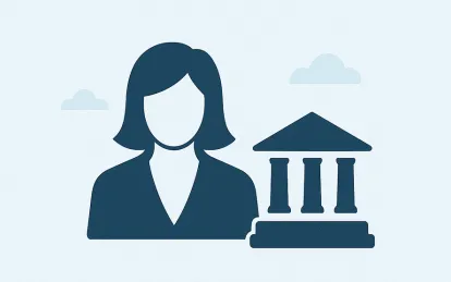 graphic of a figure near a stately looking building 