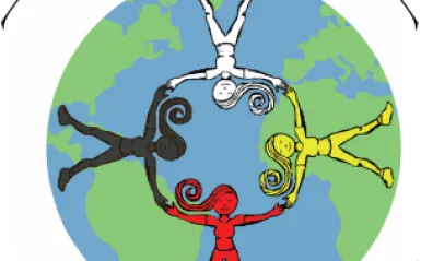 an illustration of the earth with people holding hands around it