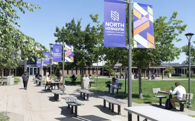 students on campus on a sunny day