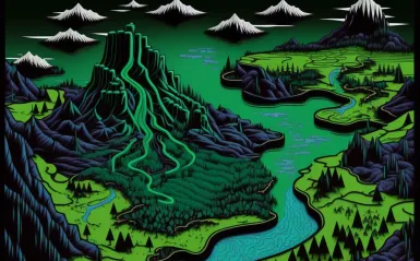 green graphic of mountains clouds and a river 