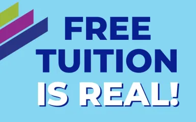 blue box with the words free college tuition 