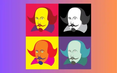 4 illustrated heads of William Shakespeare in a colorful table.