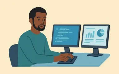 graphic of a man at a desk with two computer monitors 