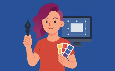 graphic of a woman holding a swatch book with a screen in the background