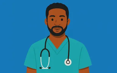 Graphic of a male nurse with a blue background