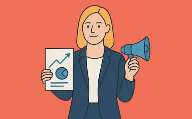 graphic of a woman with a chart in one hand and a megaphone in the other 