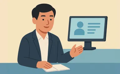 Graphic of a man sitting at a desk waving