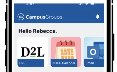 image of a mobile app on a phone with icons, text, and images. 