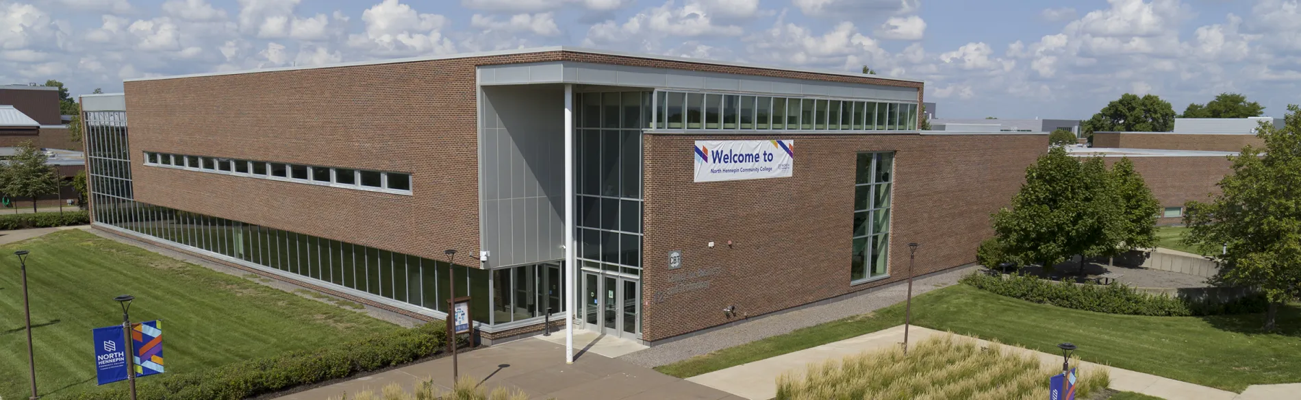 drone view of a large building on a sunny day
