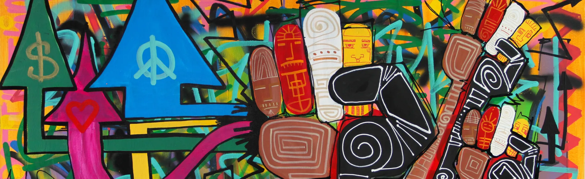 colorful painting with fists and evocative imagery 