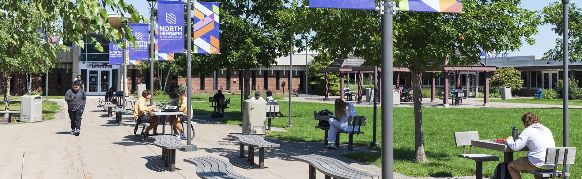 students on campus on a sunny day