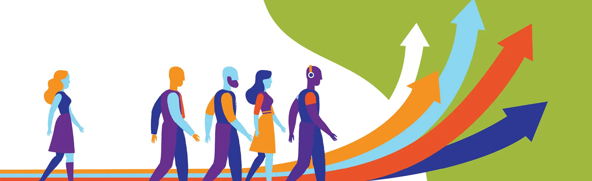 colorful graphic of people walking toward arrows pointing up 