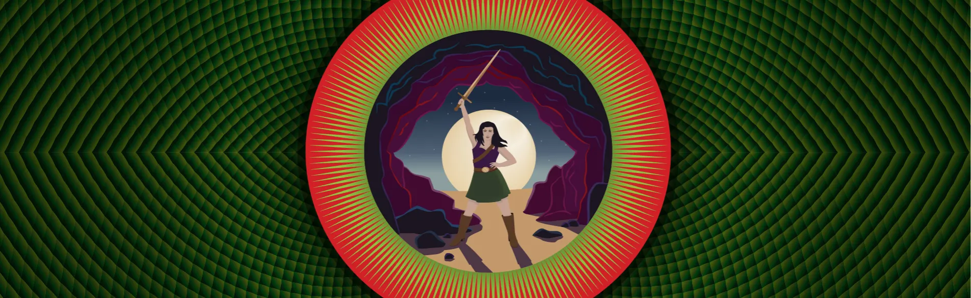 a graphic of a woman holding a sword 