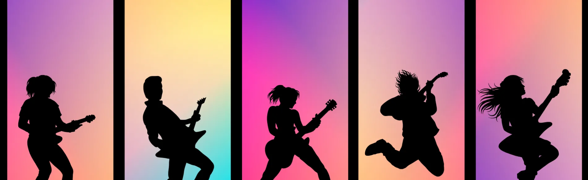 An image of five guitar players in silhouette against a colorful background.