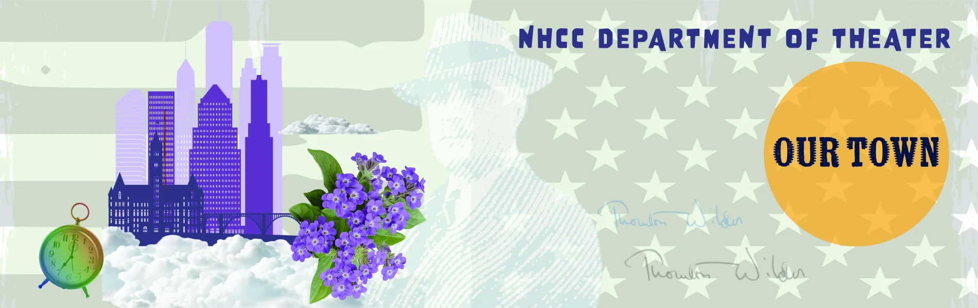 graphic of a city skyline with clouds and purple flowers