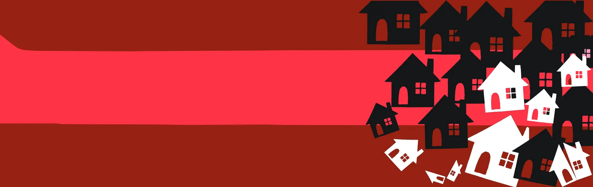 Illustration of black houses and white houses against a striped red background