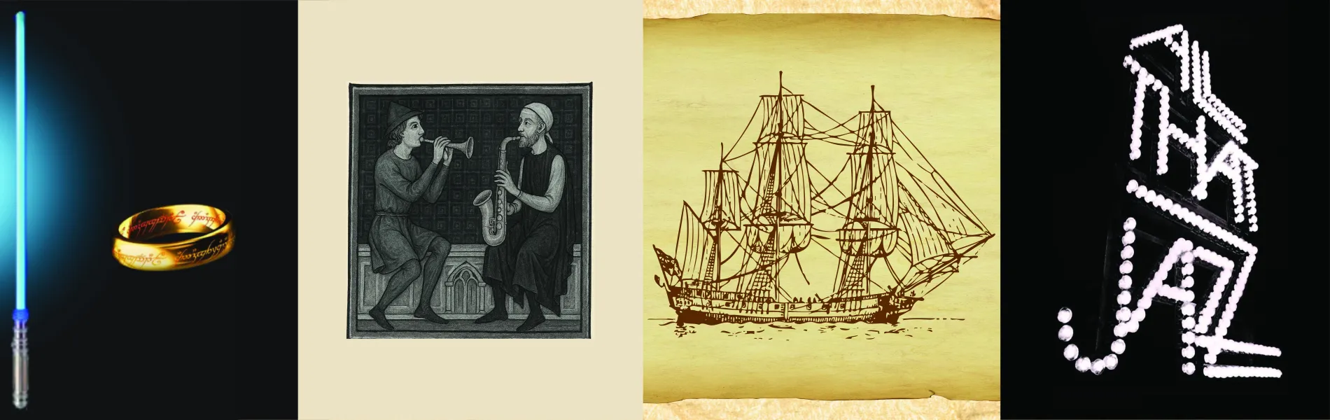 A four-panel collage depicting a glowing blue sword with a gold ring, an illustration of two medieval musicians, a hand-drawn sailing ship on parchment, and a musical note created from white lights on a dark background.