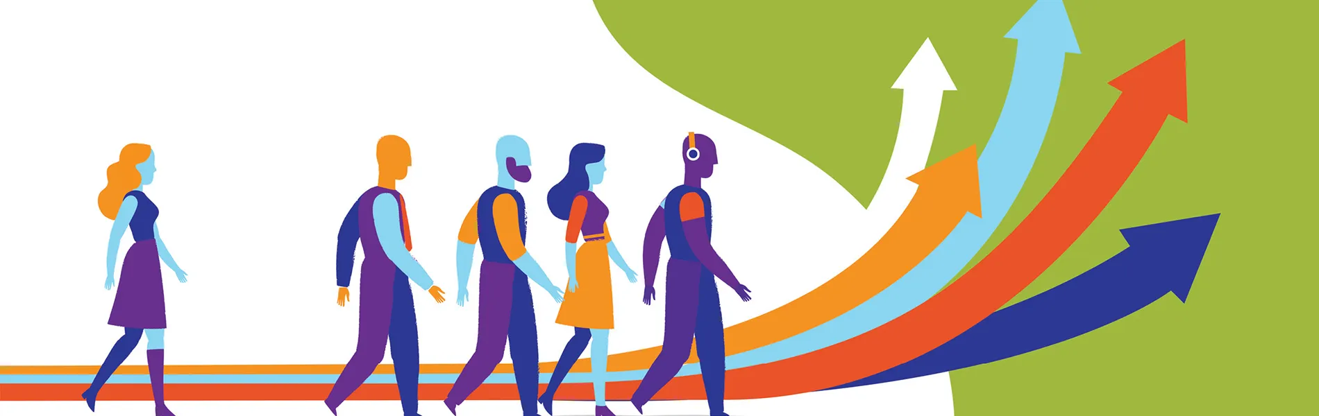 colorful graphic of people walking toward colorful arrows pointing up.