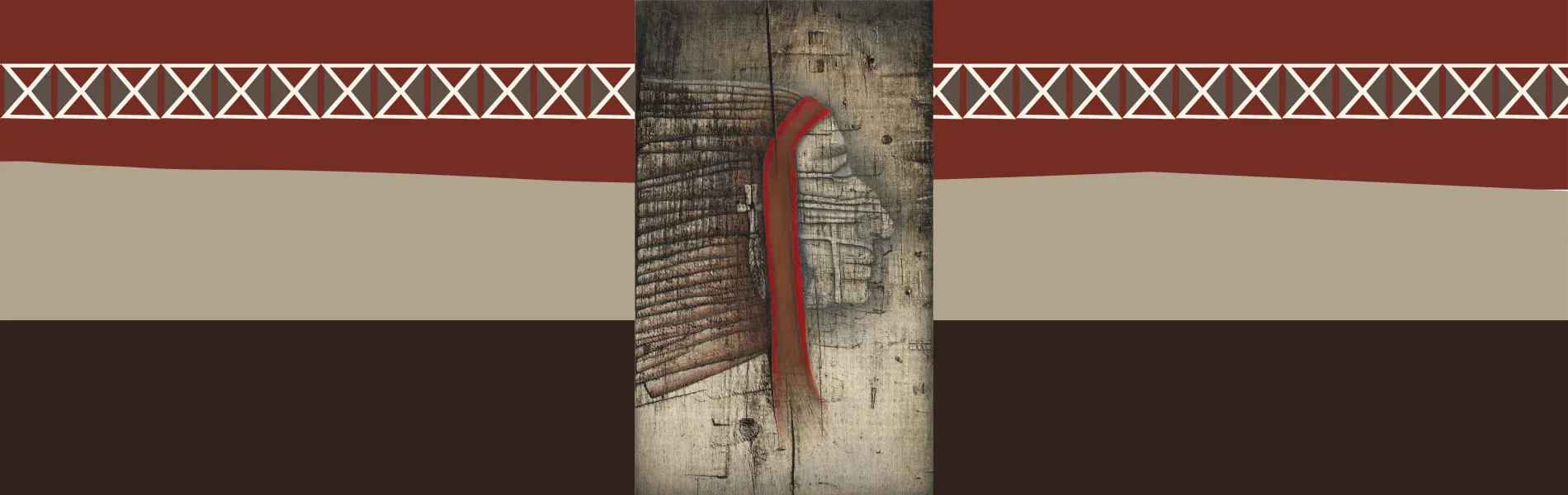 Mixed-media artwork depicting a carved side profile on weathered wood against a red, tan, and brown patterned background.