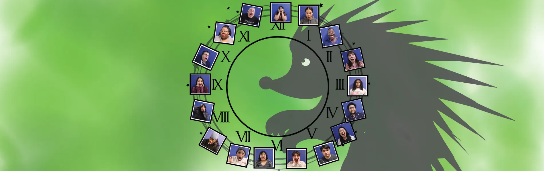 Green graphic of a clock surrounded by cast portraits with a dramatic shadow