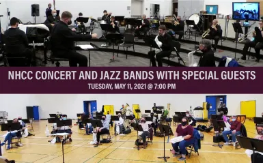 banner of NHCC concert and Jazz bands playing in the classroom and in a gym