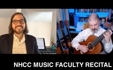 2 NHCC faculty members, one smiling at the camera, the other playing a guitar
