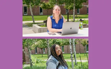 two female, adult students, smiling outside in a grassy courtyard